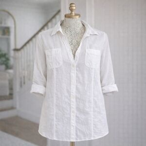 G.W. Pure 100% Linen White Collared Long Tunic Blouse Medium